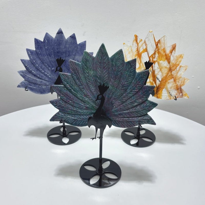 3 Pieces Peacock Crystal Carving With Stand Blue Aventurine Ruby In Kyanite