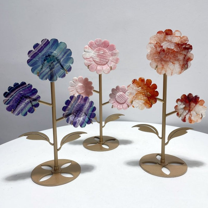 3 Pieces Sunflower Carving With Stand Pink Opal Fluorite Fire Quartz#1