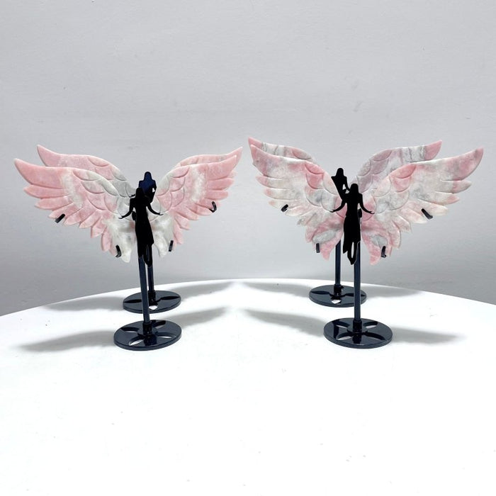 4 Pairs Beautiful Pink Opal Angel Wing Carving With Stand