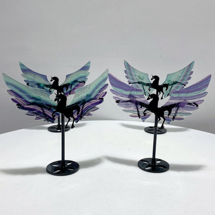 4 Pairs Beautiful Rainbow Fluorite Pegasus Wing Crystal Carving With Stand