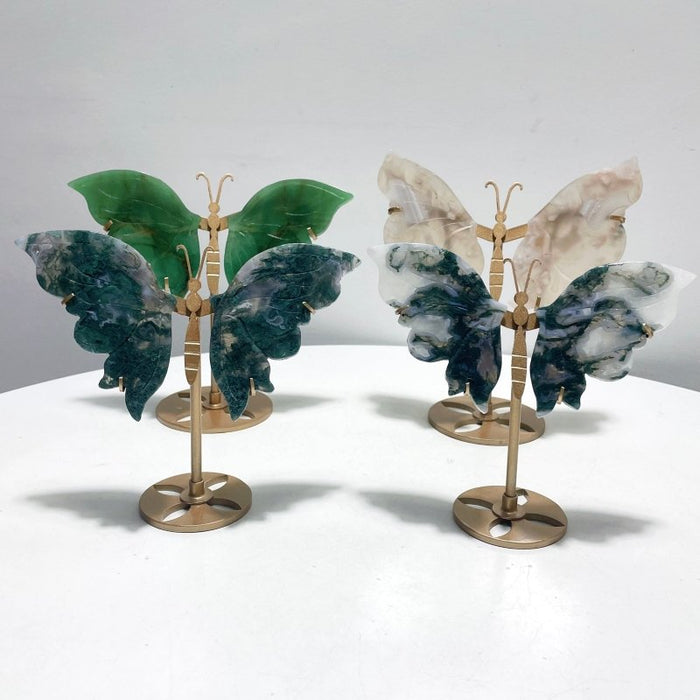 4 Pairs Butterfly Wing Carving With Stand Green Aventurine Flower Agate Moss Agate