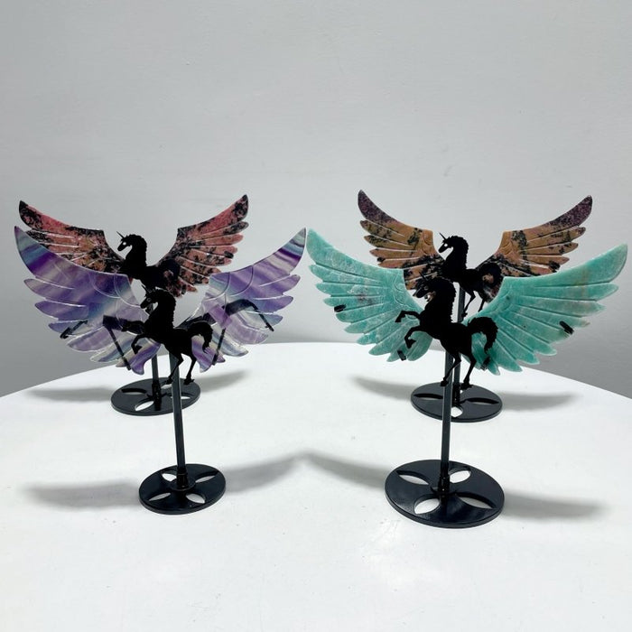 4 Pairs Mixed Pegasus Wing Carving With Stand Rhodonite Amazonite