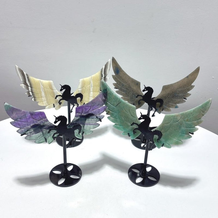 4 Pairs Pegasus Wing Crystal Carving With Stand Trolleite Amazonite Yellow Calcite Fluorite