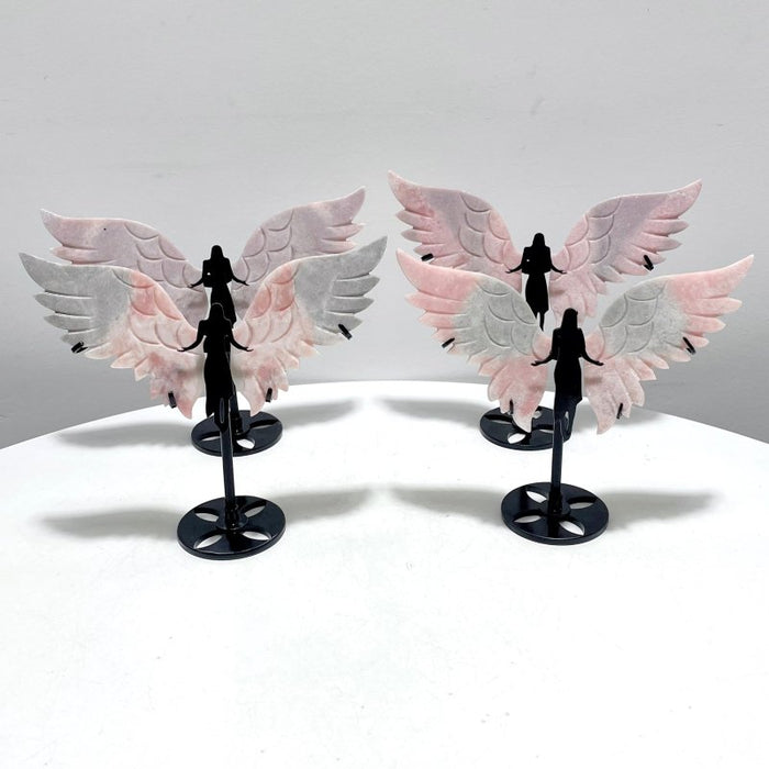 4 Pairs Pink Opal Angel Wing Carving With Stand