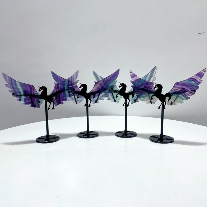 4 Pairs Rainbow Fluorite Pegasus Wing Crystal Carving With Stand