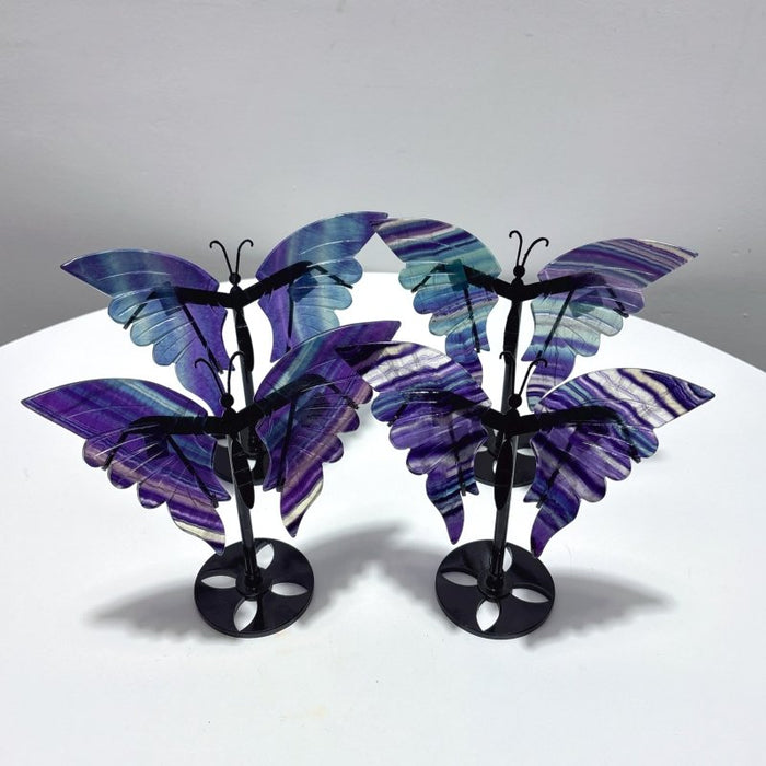 4 Pairs Rainbow Fluorite Symmetry Small Butterfly Wing With Stand