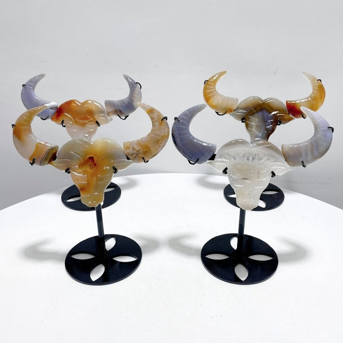 4 Pieces Beautiful Geode Druzy Agate Ox Head Crystal Carving With Stand