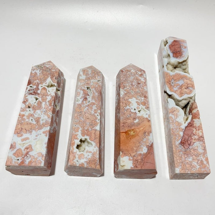 4 Pieces High Quality Druzy Geode Pink Flower Agate Four-sided Tower 8-11in
