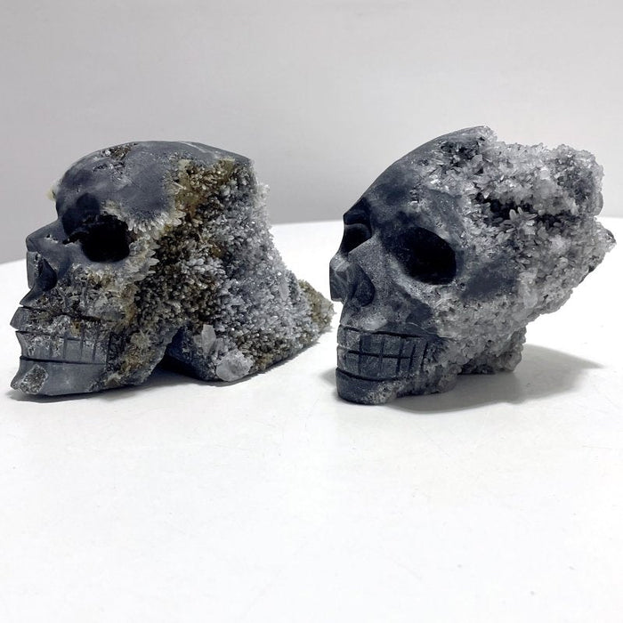 4 Pieces Large Black Clear Quartz Cluster (Mixed Pyrite) Skull Carving
