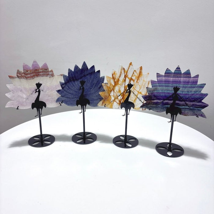 4 Pieces Peacock Shape Stone Carving With Stand Fluorite Amethyst Mixed Agate