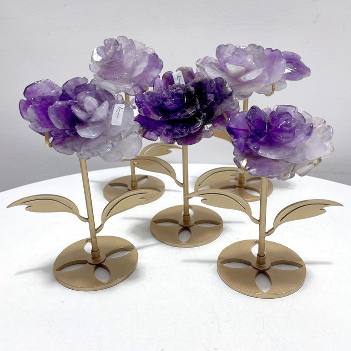 5 Pairs Amethyst Flower Carving With Stand