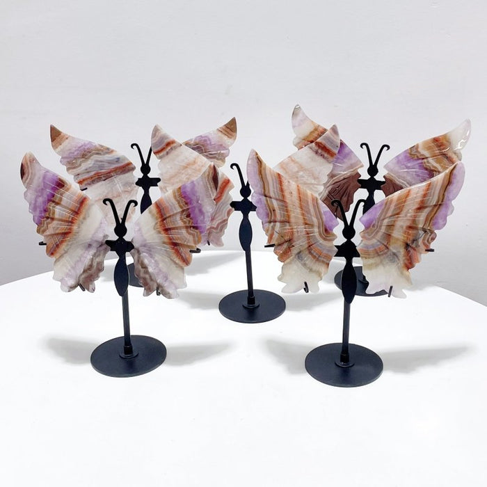 5 Pairs Beautiful Amethyst Mixed Stripe Agate Butterfly Wing Carving With Stand
