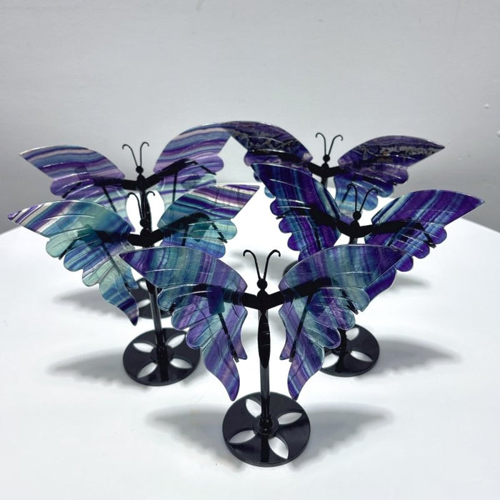5 Pairs Fluorite Butterfly Carving With Stand