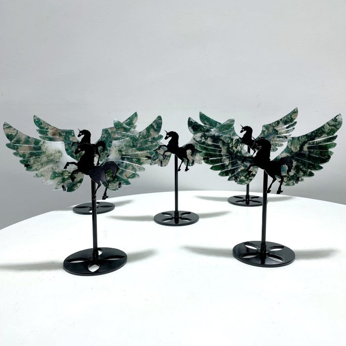 5 Pairs Moss Agate Pegasus Wing Carving With Stand