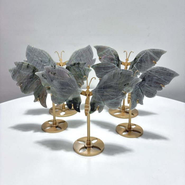 5 Pairs Purple Labradorite Butterfly Wing Carving With Stand