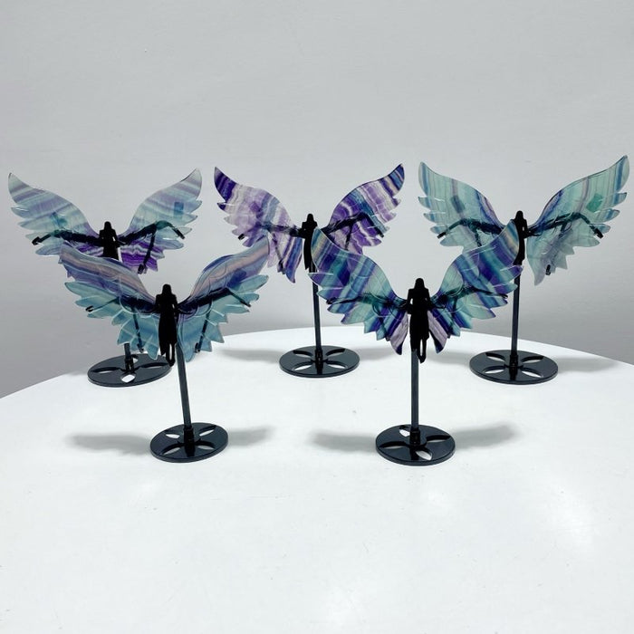 5 Pairs Rainbow Fluorite Angel Wing With Stand