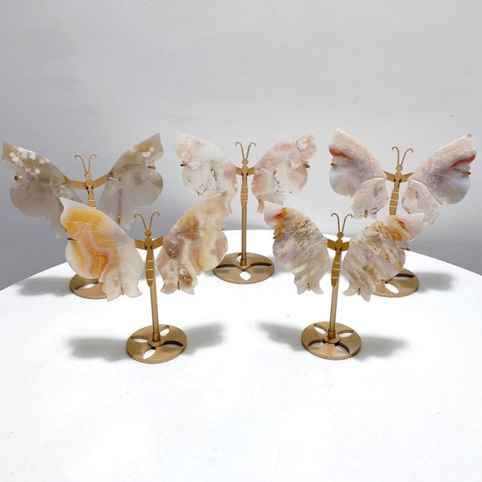 5 Pairs Sakura Flower Agate Butterfly Wing Carving With Stand