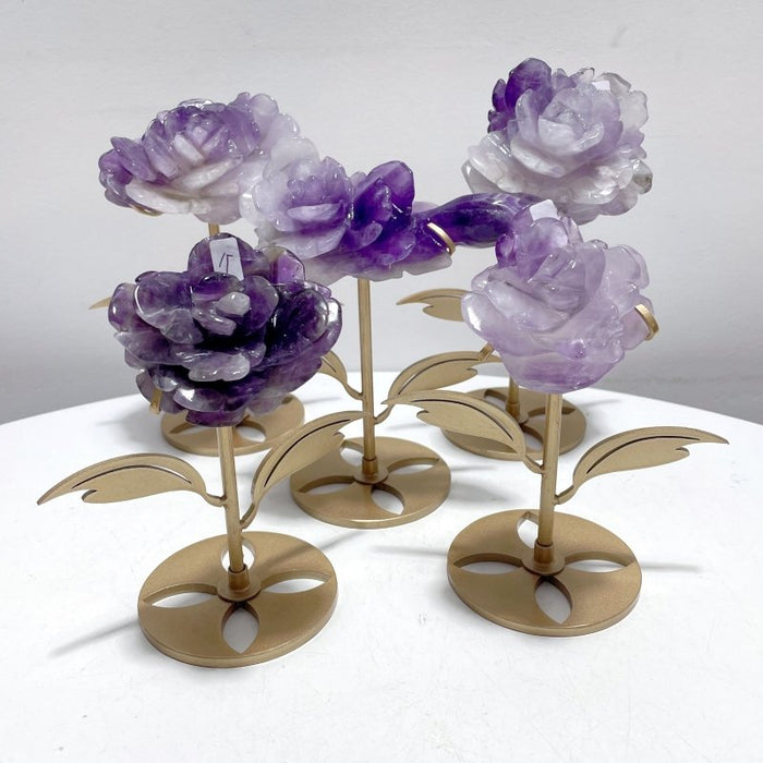 5 Pairs Unique Amethyst Flower Carving With Stand