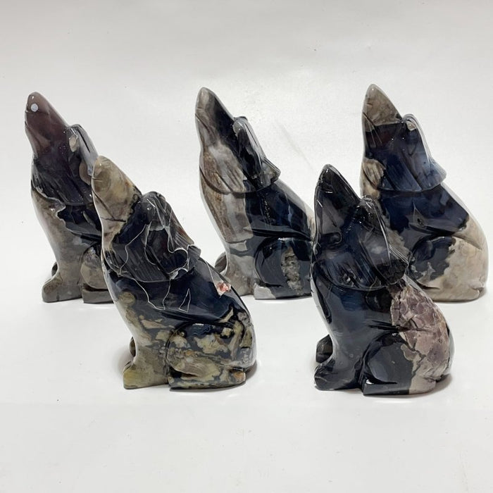 5 Pieces Large Volcanic Agate Wolf Carving(UV-Reactive)
