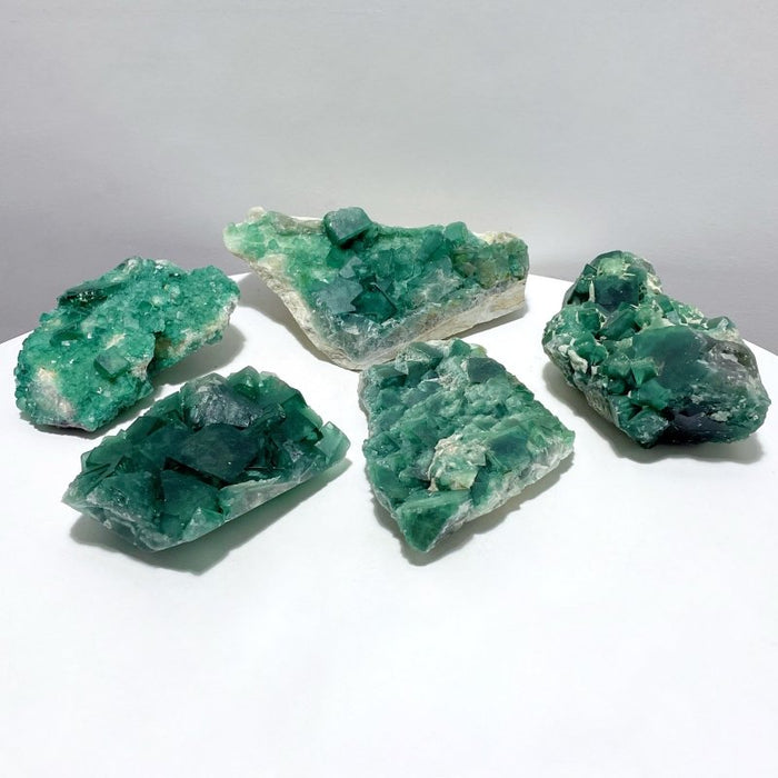 5 Pieces Unique Green Fluorite Raw Specimen Cubic Stone