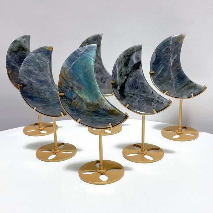 6 Pieces Beautiful Labradorite Moon Carving With Stand