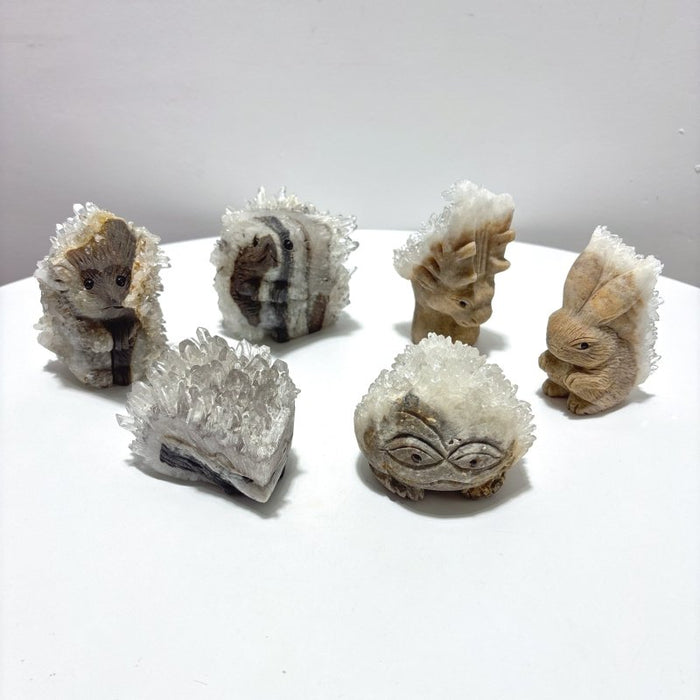 6 Pieces Cute Clear Quartz Cluster Animal Carving