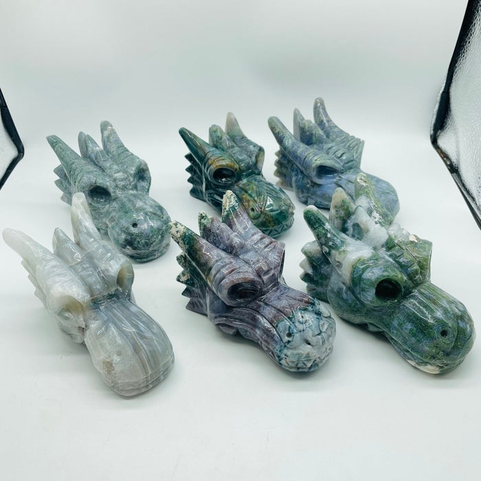 6 Pieces High Quality Moss Agate Dragon Head Carving