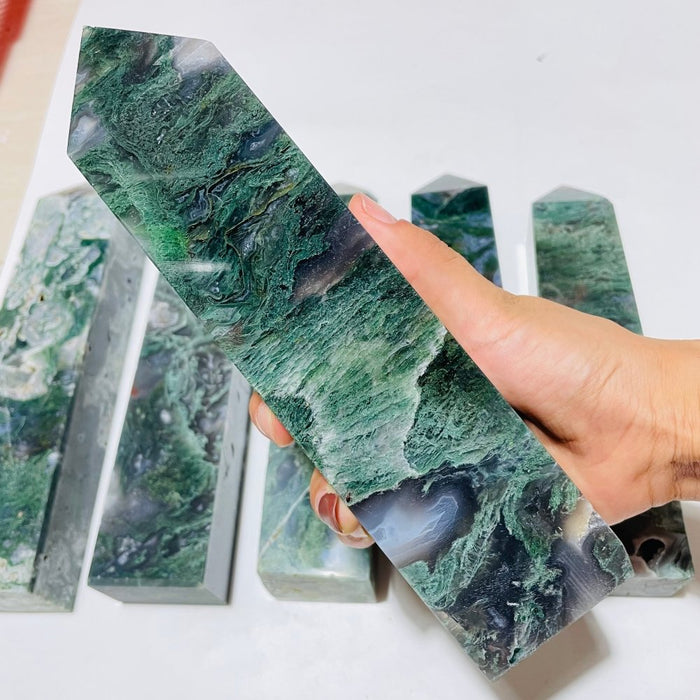 6 Pieces Large Moss Agate Four-Sided Tower Points