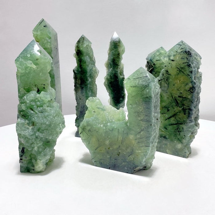 7 Pieces Large Natural Prehnite Tower Raw Side