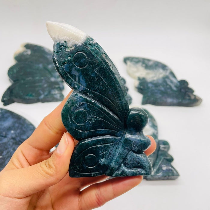 7 Pieces Moss Agate Butterfly Fairy Carving