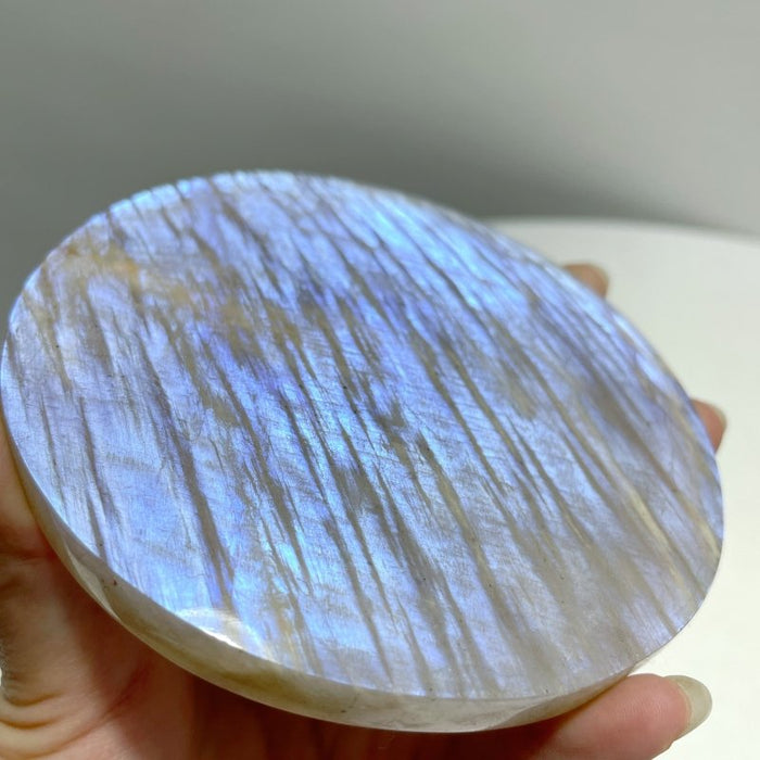 8 Pieces Blue Moonstone Round Plate Home Decoration With Plastic Base