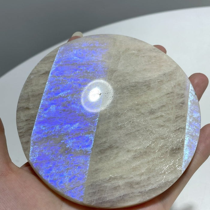 8 Pieces Blue Moonstone Round Plate Home Decoration With Plastic Base