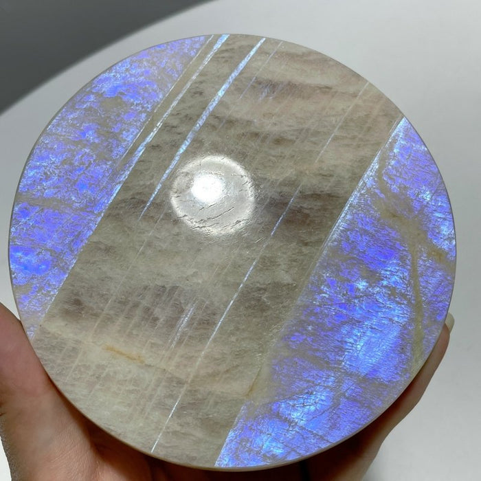 8 Pieces Blue Moonstone Round Plate Home Decoration With Plastic Base