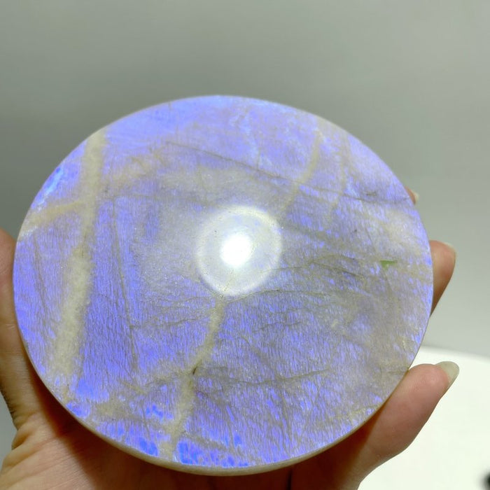 8 Pieces Blue Moonstone Round Plate Home Decoration With Plastic Base