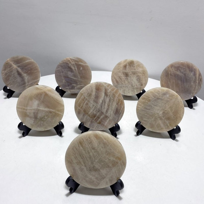 8 Pieces Blue Moonstone Round Plate Home Decoration With Plastic Base