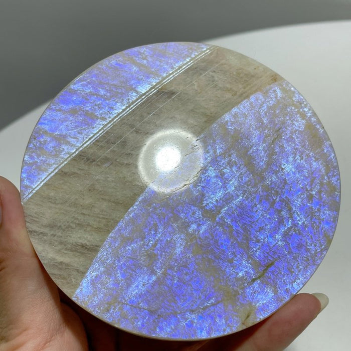 8 Pieces Blue Moonstone Round Plate Home Decoration With Plastic Base