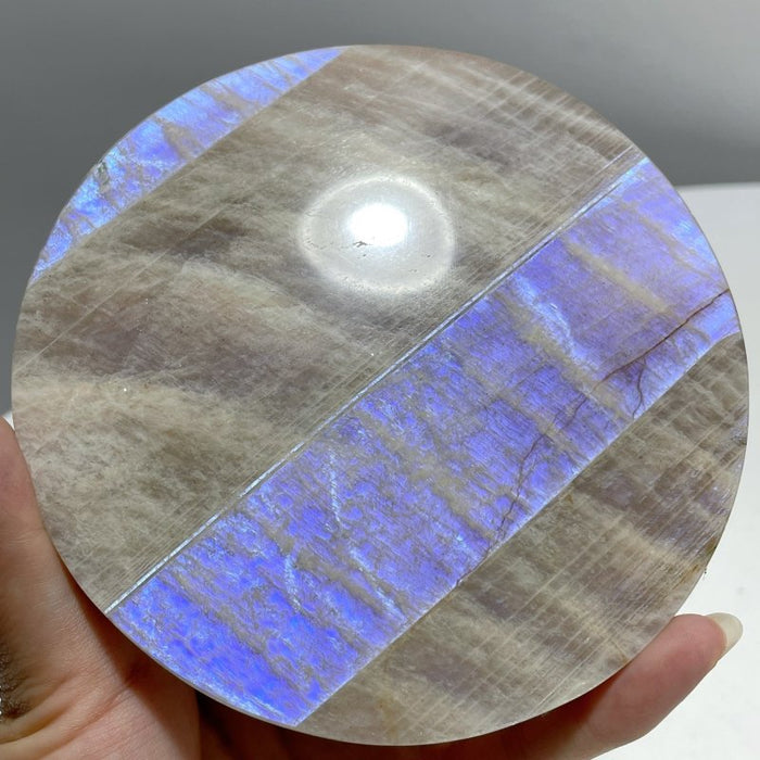 8 Pieces Blue Moonstone Round Plate Home Decoration With Plastic Base