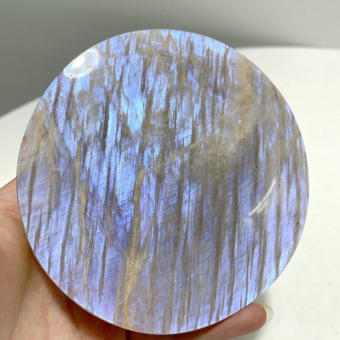 8 Pieces Blue Moonstone Round Plate Home Decoration With Plastic Base