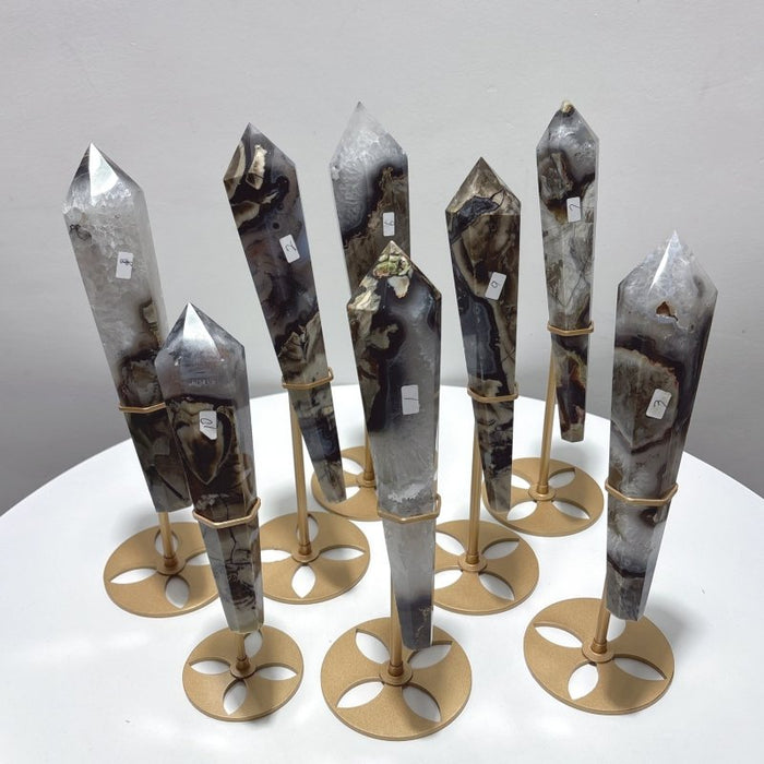 8 Pieces Fluorescent Volcanic Agate Scepter Wand with Stand (UV-Reactive)