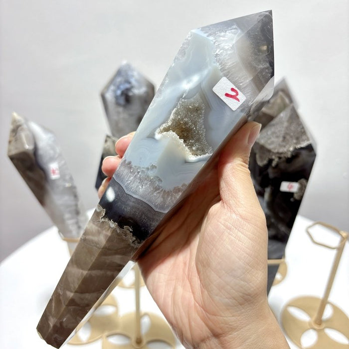 8 Pieces Volcano Agate Scepter Wand With Stand (UV Reactive)