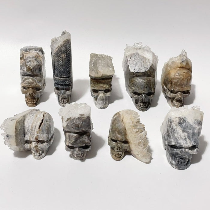 9 Pieces Clear Quartz Cluster Indian Skull Carving