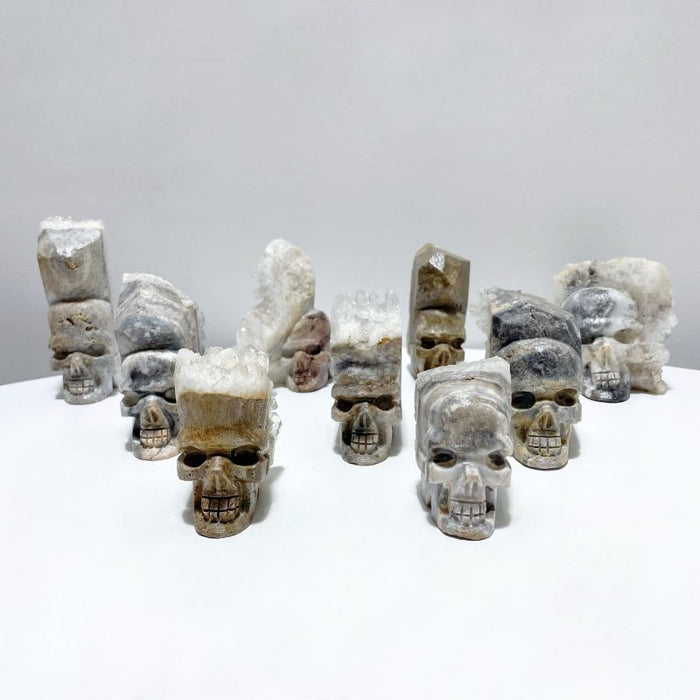9 Pieces Clear Quartz Cluster Indian Skull Carving