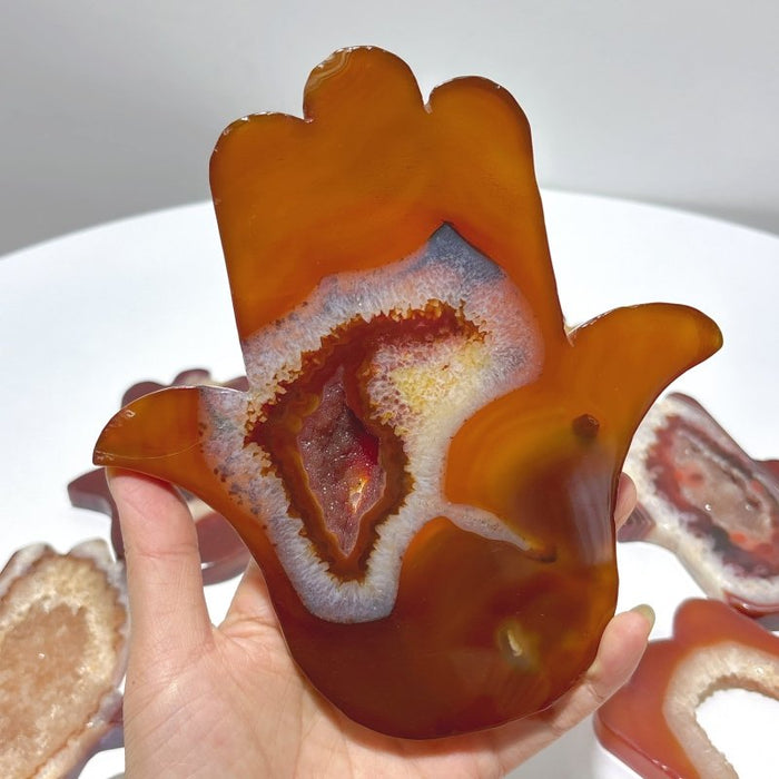9 Pieces Large Carnelian Geode Hamsa Hand Carving