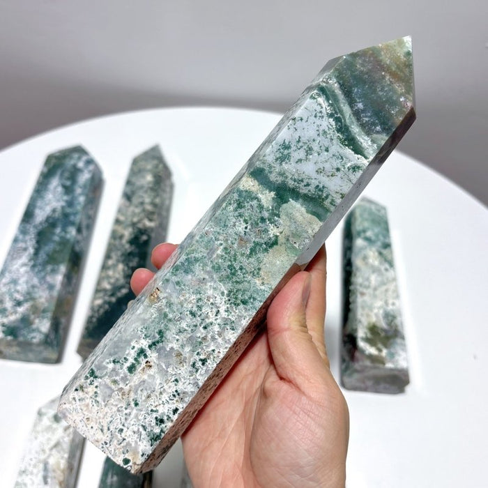 9 Pieces Large White Moss Agate Tower Points Closeout