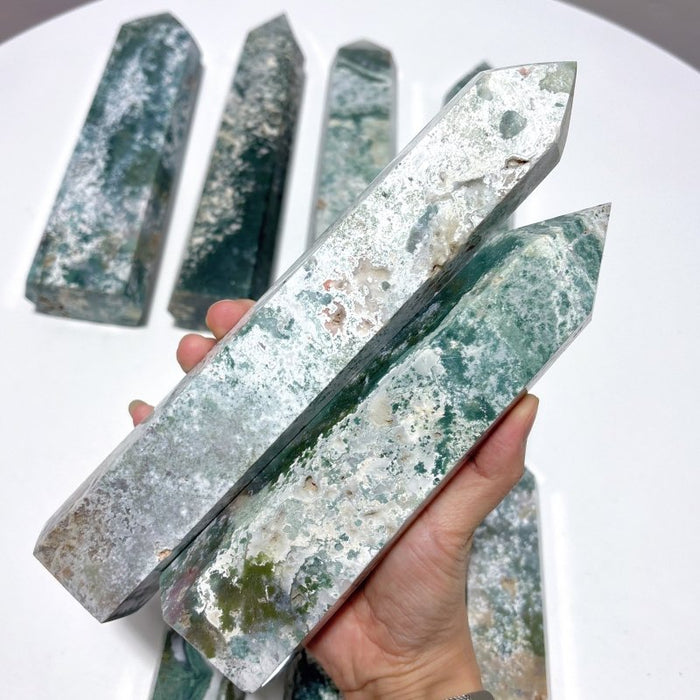 9 Pieces Large White Moss Agate Tower Points Closeout