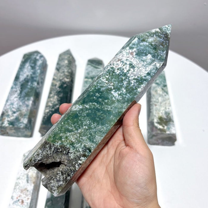 9 Pieces Large White Moss Agate Tower Points Closeout