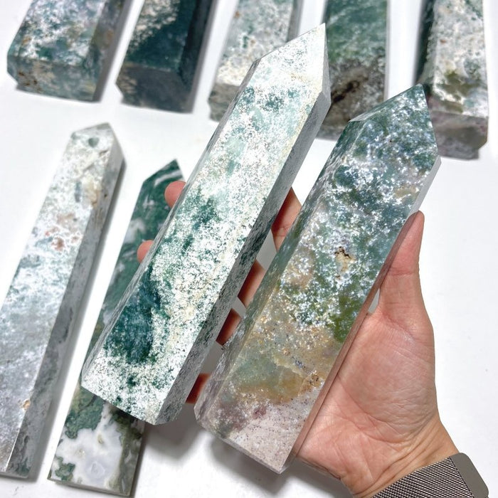 9 Pieces Large White Moss Agate Tower Points Closeout