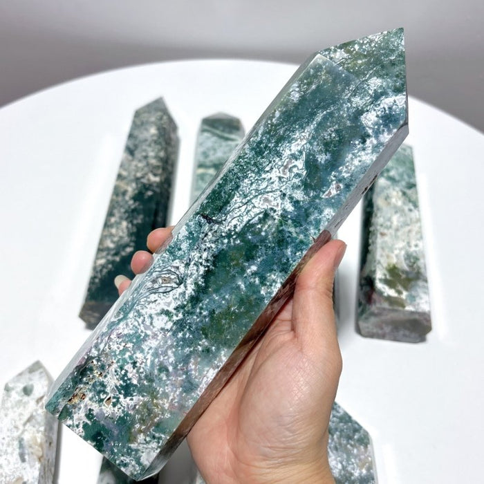 9 Pieces Large White Moss Agate Tower Points Closeout