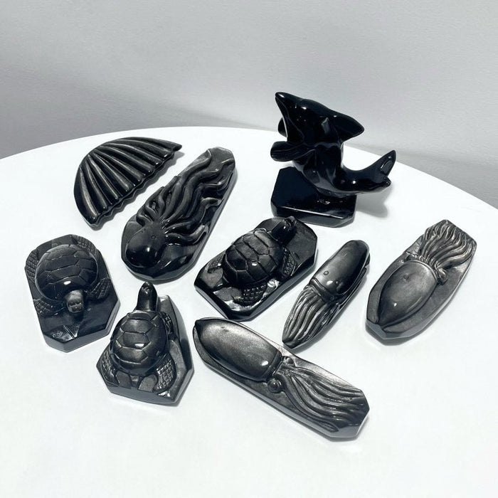9 Pieces Silver Sheen Obsidian Sea Animals Carving