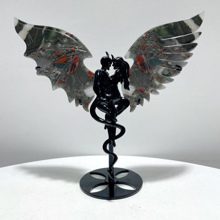Africa Blood Stone Demon And Angel Wing Carving With Stand